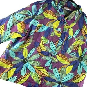 Erin Artsy Sheer Button Up Blouse Y2K‎ Dopamine Dressing Floral Boho Top 1X Plus